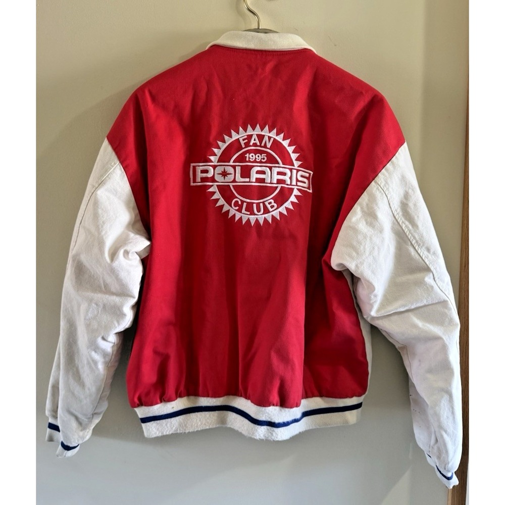 VTG Red Polaris Fan Club 1995 Varsity Bomber Style Front Snap Jacket L Racing